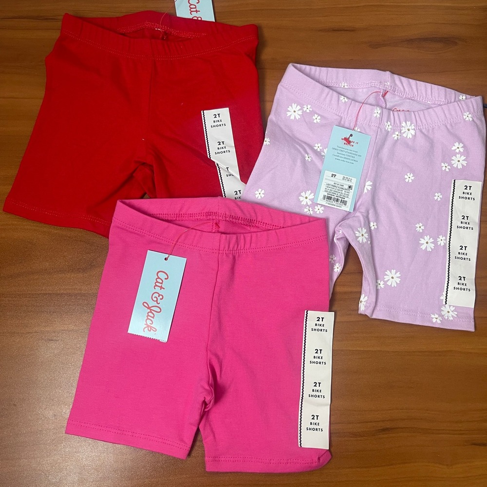 Lot of‎ 3 Cat & Jack Girls 2T Bike Shorts Pink Red Lavender Floral Toddler NWT